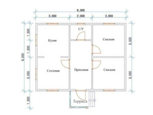 Каркасный дом 6х8 одноэтажный + терраса 2х1,5 под ключ - планировка